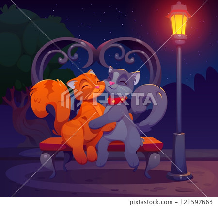 Valentine day cats couple. Cartoon vector romantic feline animals cuddling on a park bench under a glowing streetlamp at night. Orange and gray cats display love, affection, companionship, and romance 121597663