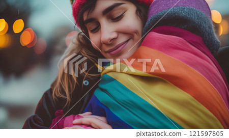 Embracing love and acceptance during a vibrant celebration in the city at dusk Embracing love and acceptance during a vibrant celebration in the city at dusk 121597805