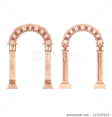 Stone greek ancient classic arch isolated on white background. High quality architecture watercolor illustration for cards, posters, stickers, decor and design. Decorative residence image in beige Stone greek ancient classic arch isolated on white background. High quality architecture watercolor illustration for cards, posters, stickers, decor and design. Decorative residence image in beige 121597829