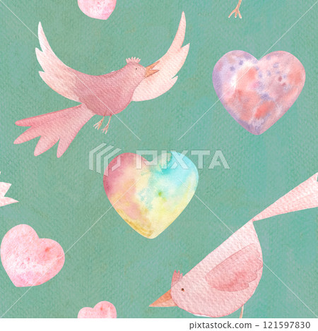 Birds flying, standing, and pink, rainbow hearts, watercolor seamless border on turquoise. High quality pink clip art in cartoon style great for children products, wrapping paper, textile, stationary Birds flying, standing, and pink, rainbow hearts, watercolor seamless border on turquoise. High quality pink clip art in cartoon style great for children products, wrapping paper, textile, stationary 121597830