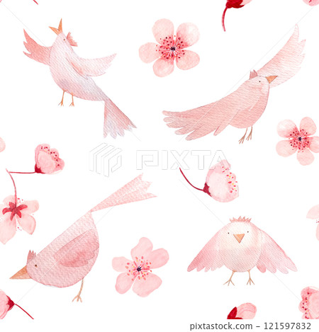 Sakura flowers and birds in different poses, monochromatic hand painted watercolor seamless border isolated on white. High quality pink art perfect for children design, wrapping paper, women textile 121597832