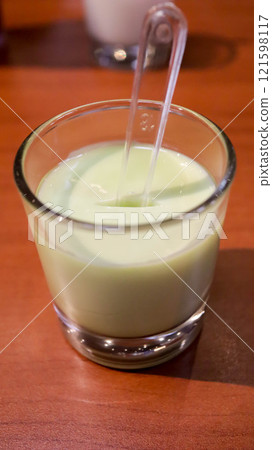 Lychee jelly pudding dessert in a small glass. 121598117