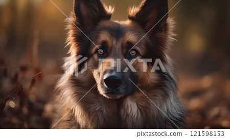 Close up brown black Old German Shepherd Dog stand, stare and look at the camera, dog guarding, playing in the nature. 121598153