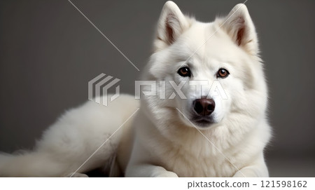 Close up of white Siberian Husky dog sit, relax and pose in studio shot, looking at something, isolated on gray background. Close up of white Siberian Husky dog sit, relax and pose in studio shot, looking at something, isolated on gray background. 121598162