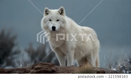 Close up of white Siberian Husky dog sit and relax enjoy the nature, looking at something, on top of the mountain cliff, nature background, winter season. 121598163