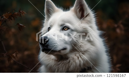 Close up of white Siberian Husky dog looking at something, nature background. Close up of white Siberian Husky dog looking at something, nature background. 121598167