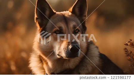 Brown black Old German Shepherd Dog stand, stare and look at something, dog guarding, playing in the nature. 121598177