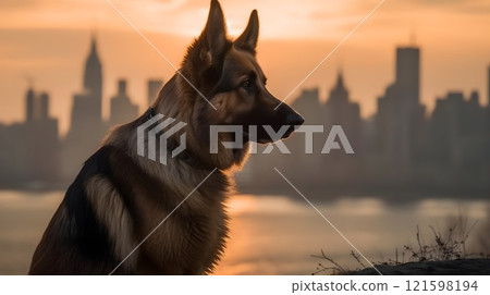 Brown black Old German Shepherd Dog sit, stare and look at something, city background in the evening sunset. Brown black Old German Shepherd Dog sit, stare and look at something, city background in the evening sunset. 121598194
