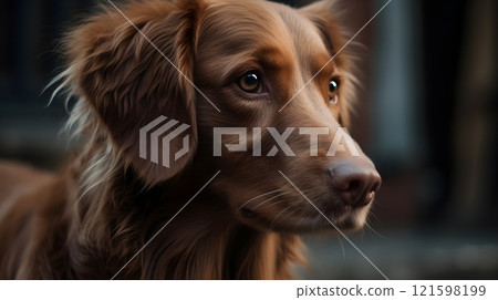 Close up portrait of brown Nova Scotia Duck Tolling Retriver dog looking at something. Close up portrait of brown Nova Scotia Duck Tolling Retriver dog looking at something. 121598199