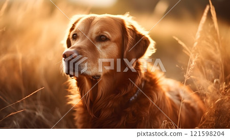 Close up beautiful blonde golden retriever dog explore walking and standing in the middle of the meadow, nature background. 121598204