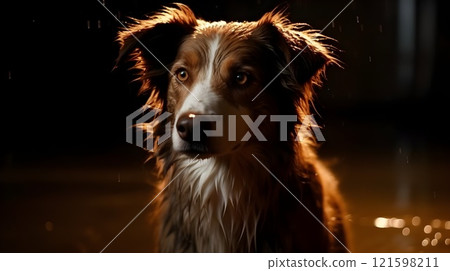 Brown white color Australian Shepherd dog get wet and sit down after soaked in the heavy rain outside, looking at something with dark night background. Brown white color Australian Shepherd dog get wet and sit down after soaked in the heavy rain outside, looking at something with dark night background. 121598211
