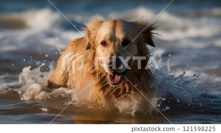 Beautiful blonde golden retriever dog walking swimming and playing in the water. 121598225