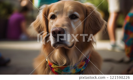 Close up beautiful blonde golden retriever dog sit, looking and staring at something with city park or crowded background. 121598226