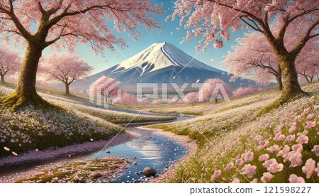 [AI generated images] Cherry blossoms and Mt. Fuji AI art AI illustration AI painting AI landscape painting 121598227