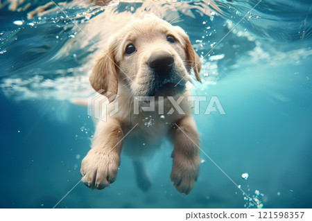 A cute light yellow labrador puppy dog swimming in the wate. 121598357