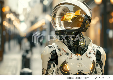 Robot with a water bowl with golden fish instead of a head. 121598402
