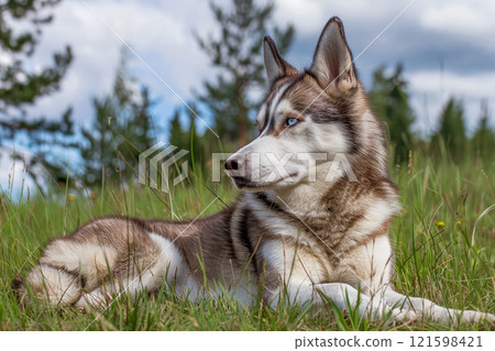 Siberian Husky dog portrait with blue eyes and gray coat color 121598421