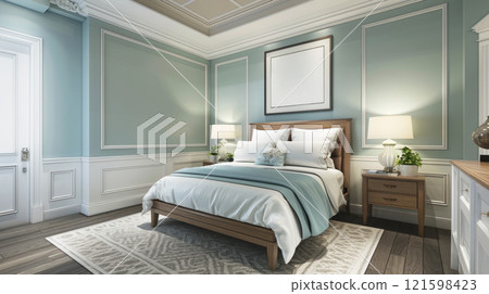 Stylish bedroom interior with large comfortable bed and blank picture frame. 121598423