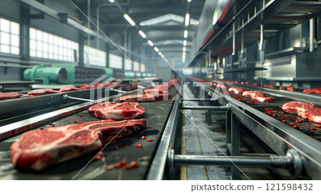 Thick cuts of raw meat on conveyor belt on factory line. Food industry. 121598432