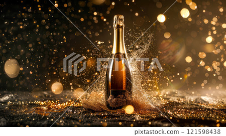 Golden splash over a full Champagne bottle. Celebration background. Golden splash over a full Champagne bottle. Celebration background. 121598438