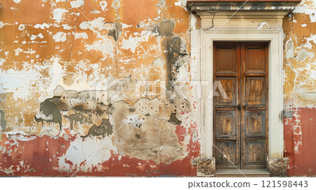 Vintage front wooden door and a weathered wall with peeled paint. 121598443