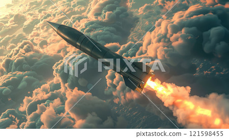 A military missile in flight on the sky background, rocket launch. 121598455