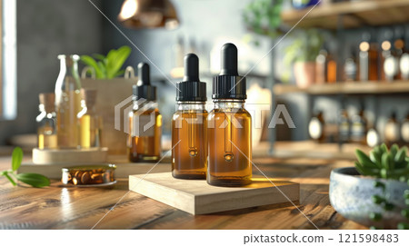 Concept of alternative herbal medicine. Bottles of tincture or potion, organic essential oils on wooden table. Concept of alternative herbal medicine. Bottles of tincture or potion, organic essential oils on wooden table. 121598483