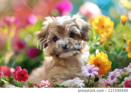 Cute puppy dog in the summer garden full of colorful flowers. 121598489