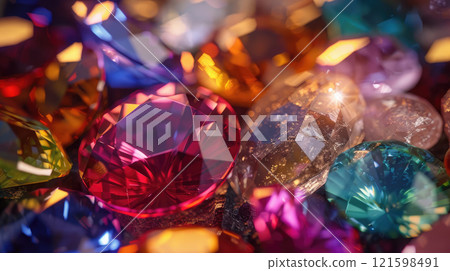 Pile of colorful gems, close-up view. Colorful gemstones background. 121598491