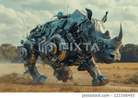 Steampunk mechanized wild rhinoceros. Steampunk hippo robot running machine of the future. 121598493