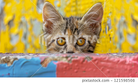 An adorable kitten peeks over the edge of colorful wall. Funny cat spy. 121598508