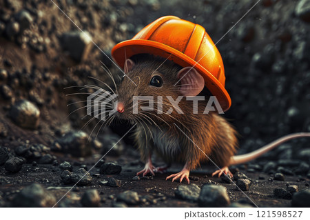 A cute rat wearing an orange hard hat and standing in a coal mines. 121598527