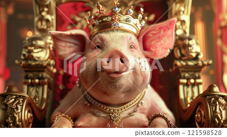 A pig sitting elegantly on a royal throne. 121598528