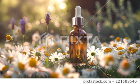 Chamomile oil in a glass bottle. Spa concept. Chamomile oil in a glass bottle. Spa concept. 121598540