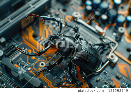 A stag beetle sitting on computer motherboard, computer virus concept. A stag beetle sitting on computer motherboard, computer virus concept. 121598549
