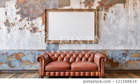 Old abandoned room with leather couch and blank picture frame hanging on wall with peeled of paint. Copy space. 121598614