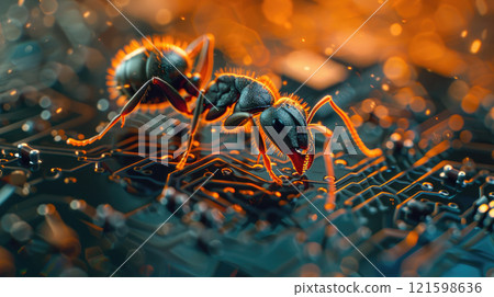 Close-up of an ant crawling on a electronic circuit board, highlighting the interconnectedness of technology and nature. 121598636