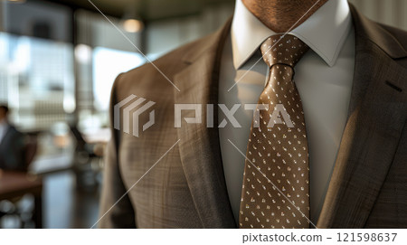 Closeup of torso of confident businessman wearing elegant suit and tie. 121598637