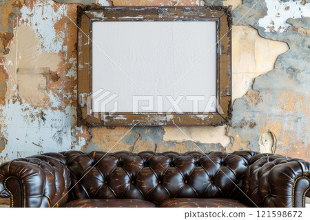 Old abandoned room with leather couch and blank picture frame hanging on wall . 121598672