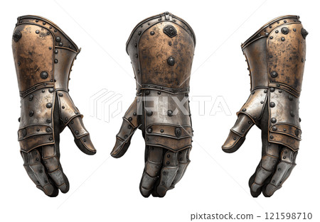 Antique metal knight gloves displayed on transparent background showcasing craftsmanship and historical significance 121598710