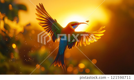 Blue-tailed bee-eater captures insect while soaring against a vibrant sunset backdrop near a tropical habitat 121598711