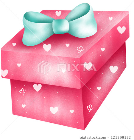 pink gift box with a green ribbon bow 121599152