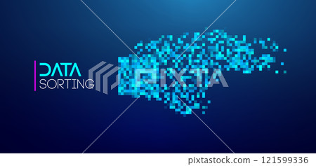 Blue pixelated abstract representation of big data sorting on a dark background. 121599336
