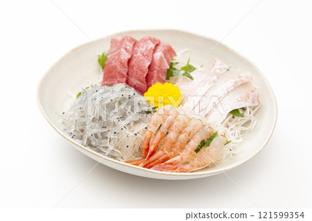 Assorted sashimi on white background 121599354