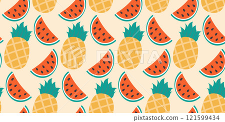Pineapple and Watermelon slices Seamless pattern. Exotic healthy fruits summer background concept 121599434