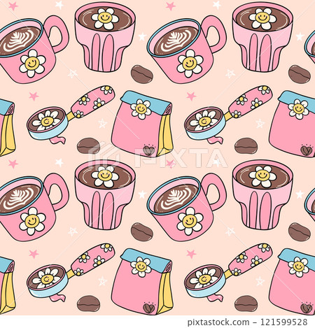 Cute Groovy Retro Coffee Seamless Pattern Isolated on Background 121599528