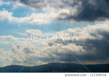 Amazing pictures of variety of clouds at different moments, lighting, time of day. To create atmospheric collages, like background, screensaver, desktop wallpaper, add various inscriptions, postcards 121599556