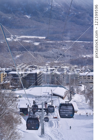 View of the foothills from inside the Ace Gondola on the Sennoki course of Niseko Tokyu Grand Hirafu slope 121599596