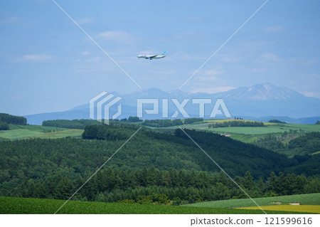 A plane flying over the hills of Biei A plane flying over the hills of Biei 121599616