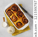 Cinnamon bun roll with pumpkin in plate. Homemade autumn Oven bakery desert for breakfast, top view, 121599797